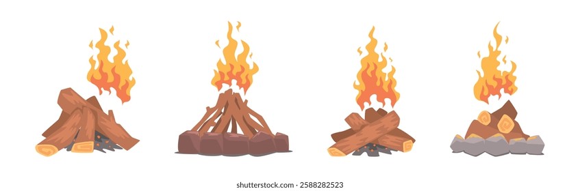 Lumber with Burning Fire Flame as Campfire or Bonfire Vector Set