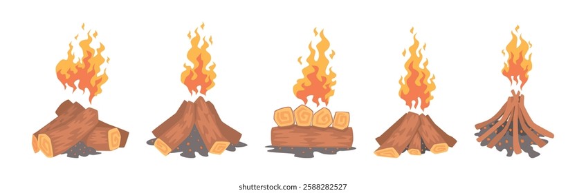 Lumber with Burning Fire Flame as Campfire or Bonfire Vector Set