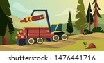 Lumber concept. Pile of log on the truck. Forest landscape and vehicle. Timber transportation. Vector illustration in cartoon style