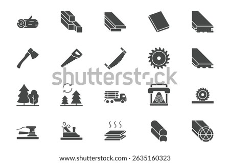 Lumber glyph icon set. Vector pictograms include icon - log, plank, polishing grinder, saw, lumberjack, cutting, carpentry, black sign silhouette illustration.