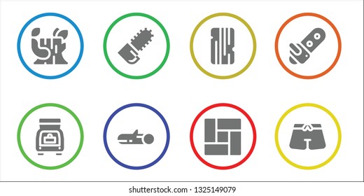 lumber icon set. 8 filled lumber icons.  Collection Of - Log, Trunk, Chainsaw, Wood, Floor
