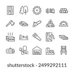 Lumber, Icon Set. Wood Processing and Lumber Products. Tree Cutting, Beam, Saw, Logging Truck, Log, Lumberjack, Drying, Jigsaw. Timber Industry and Carpentry. Line with editable stroke