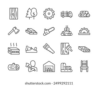 Lumber, Icon Set. Wood Processing and Lumber Products. Tree Cutting, Beam, Saw, Logging Truck, Log, Lumberjack, Drying, Jigsaw. Timber Industry and Carpentry. Line with editable stroke