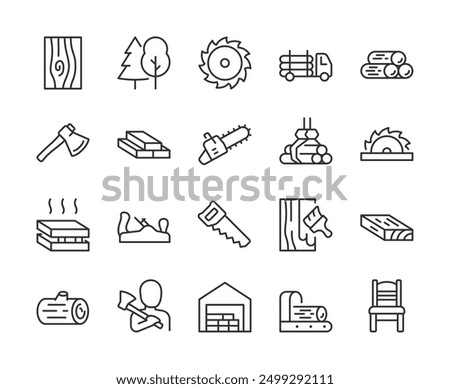 Lumber, Icon Set. Wood Processing and Lumber Products. Tree Cutting, Beam, Saw, Logging Truck, Log, Lumberjack, Drying, Jigsaw. Timber Industry and Carpentry. Line with editable stroke