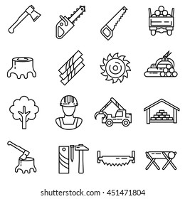 lumber industry icon set. sawmill and woodworking collection. Thin line design