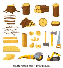 Lumber industry materials and tools. Wood planks, logs, board and tree chips. Axe, chisel, saw, grinder and belt sander. Woodwork vector set. Wooden production and cutting equipment