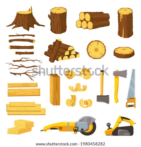 Lumber industry materials and tools. Wood planks, logs, board and tree chips. Axe, chisel, saw, grinder and belt sander. Woodwork vector set. Wooden production and cutting equipment