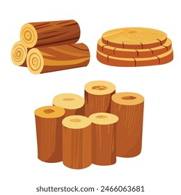 Lumber industry wood logs. Tree trunks, stumps, planks, piled firewood. Hardwood timber materials for lumber industry vector set.