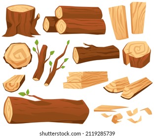 Lumber industry wood logs, trunks, barks and stumps - flat vector illustration isolated on white background. Wooden pieces set , stacked planks and timbers.