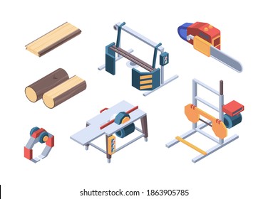 Lumber isometric. Sawmill items and workers wood workman vector isometric collection