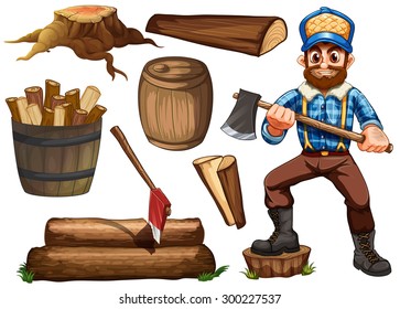 Lumber Jack Holding Axe And Set Of Fire Wood