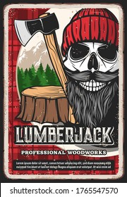 Cartel retro de jack de madera, barba de cráneo del leñador de leñador, hombre de leñador con hacha. Madera de leñador y tala de leñadores, trozo de árbol y bosque sobre fondo vectorial de camisa o de patrón de plaid