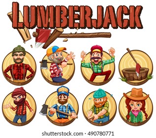 Lumber Jack Set On Round Badges Illustration