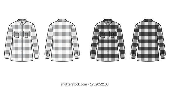 Lumber jacket technical fashion illustration with Buffalo Check motif, oversized body, flap pockets, long sleeves. Flat apparel front, back, white, grey color style. Women, men unisex CAD mockup