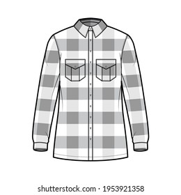 Lumber jacket technical fashion illustration with Buffalo Check motif, oversized body, button closure, classic collar, long sleeves. Flat apparel front, white color style. Women, men unisex CAD mockup