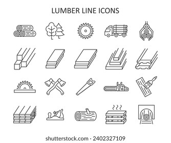 Lumber line icon set. Sawmill collection with log, axe, logging truck, saw, tree, carpentry. 