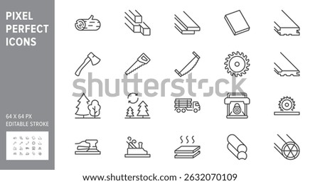 Lumber line icons set. Vector illustration include icon - log, plank, polishing grinder, saw, lumberjack, cutting, carpentry outline pictogram for wood cutting. 64x64 Pixel Perfect, Editable Stroke.