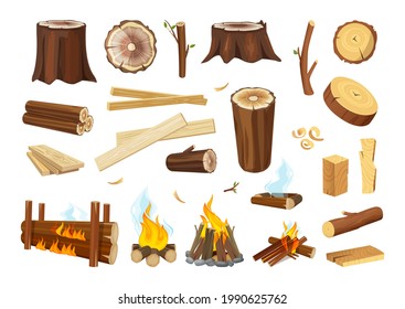 Lumber. Logs and timbers, wooden boards. Tree branches, wood shavings and sawdust. Burning and extinct bonfire, isolated vector rustic elements