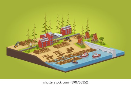 Lumber mill near the river. 3D lowpoly isometric vector concept illustration