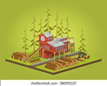 Lumber mill. Sawmill building. 3D lowpoly isometric vector concept illustration suitable for advertising and promotion