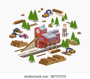 Lumber mill. Sawmill building. 3D lowpoly isometric vector concept illustration