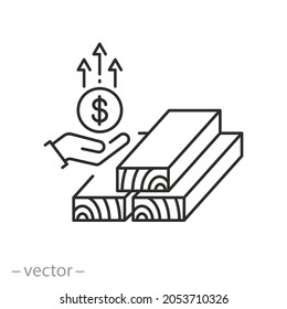 Lumber Prices Growth Icon, Increase Cost Wood Industrial, Pay Order Timber, Thin Line Symbol On White Background - Editable Stroke Vector Illustration Eps10