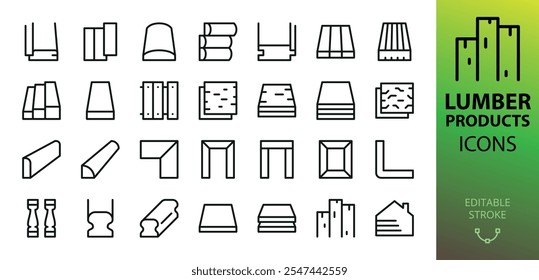 Lumber products isolated icons set. Set of wooden lining, decking board, plywood, osb, Block house imitation of timber, skirting board, platband, glazing bead, baluster, furniture board vector icon