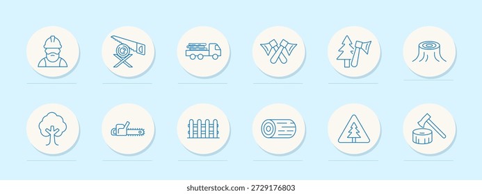 Symbol für Schnittholzsatz. Arbeiter, Sägeblatt, Holztransporter, gekreuzte Achsen, Baum mit Axt, Baumstumpf, Baum, Kettensäge, Zaun, Baumstamm, Waldschild, Axt auf Stumpf, Holzarbeiten.