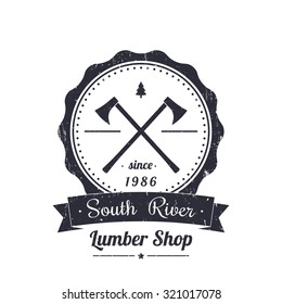 Lumber shop round vintage logo, emblem, with grunge, vector illustration