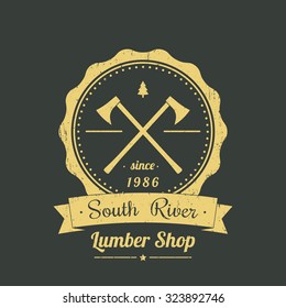 Lumber shop round vintage logo, emblem, sign, vector illustration