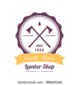 Lumber shop round vintage logo, emblem, lumber store vintage sign on white, vector illustration