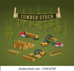Lumber stock. Logs loading on trucks. 3D lowpoly isometric vector concept illustration