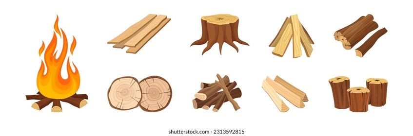 Lumber and Timber as Firewood Wooden Material Used for Fuel Vector Set