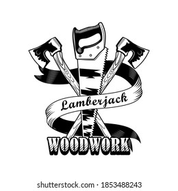 Lumber tools vector illustration. Crossed axes, saw and woodwork text. Lumberjack job or craft concept for labels or tattoo templates