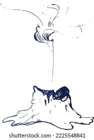 Lumber tree wooden trunk stump is burning, smoke is rising. Vector illustration, simple hand drawn line icon.