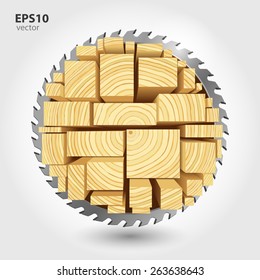 Lumber And Wood Slice Illustration Concept. Abstract Creative Saw. Sawmill Color Hd 3d Web Icon. Woodworking Logo.