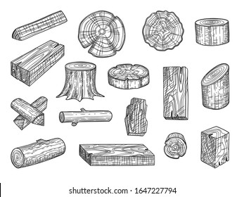 Lumber. Wooden trunks branch oak stacked log from tree vector hand drawn set