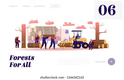 Lumber Workers Job Website Landing Page. Lumberjacks Working with Truck and Equipment Logging in Forest. Woodcutters with Chainsaw Cut Wooden Logs Web Page Banner. Cartoon Flat Vector Illustration