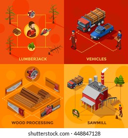 Lumberjack 2x2 isometric design concept set of wood processing and sawmill compositions woodcutter tools and vehicles for lumber transportation icons flat vector illustration  