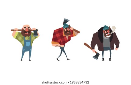 Lumberjack in Action Set, Powerful Woodcutter Character with Axe Cartoon Vector Illustration