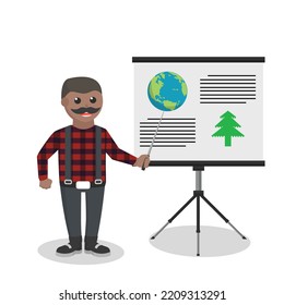 lumberjack african giving presentation about logging design character on white background