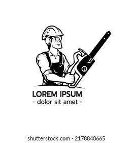 Lumberjack arborist tree surgeon holding a chainsaw starting motor on isolated white background vector illustration 