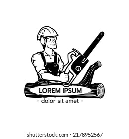 Lumberjack arborist tree surgeon holding a chainsaw starting motor on isolated white background vector illustration 
