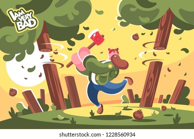 Lumberjack with ax cutting down trees in forest. Bearded man feller chopping wood with axe flat style concept vector illustration. 