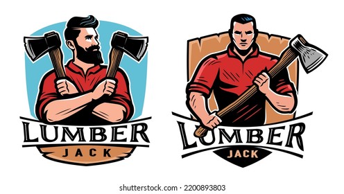 Lumberjack with ax design emblem and mascot. Woodwork, wood industry label. Color vector illustration