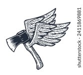 Lumberjack ax. Flying hatchet or axe with wings for woodcutter and axeman. Timberman print