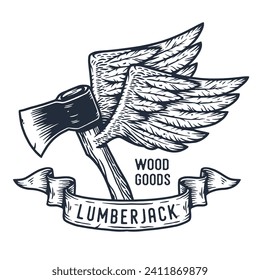 Lumberjack ax. Flying hatchet or axe with wings for woodcutter and axeman. Timberman print