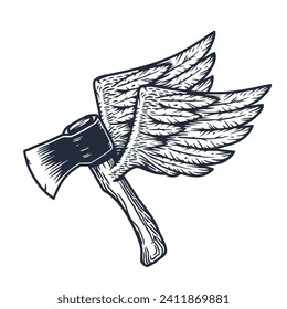 Lumberjack ax. Flying hatchet or axe with wings for woodcutter and axeman. Timberman print