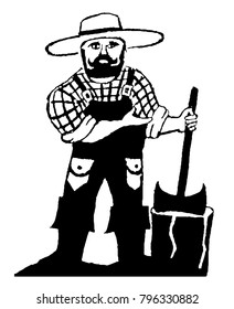 Lumberjack with an ax in his hand. Woodcutter in a plaid shirt and hat. Black and white drawing. Vector  Illustration.