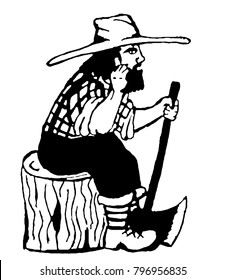 Lumberjack with an ax in his hand. Woodcutter in a plaid shirt and hat. Black and white drawing. Vector  Illustration.